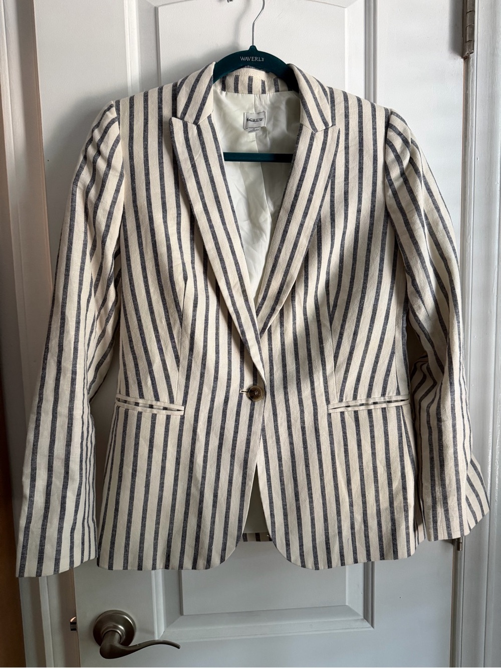 J. Crew Cream and Navy Striped Linen-Blend Blazer